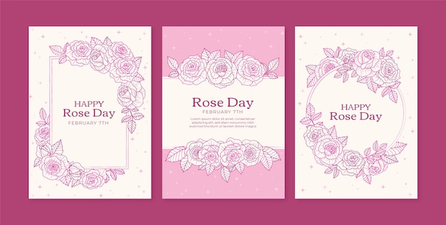 Colección de tarjetas de felicitación del día de rosas dibujadas a mano