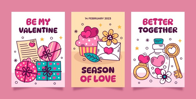 Colección de tarjetas de felicitación del día de san valentín dibujadas a mano