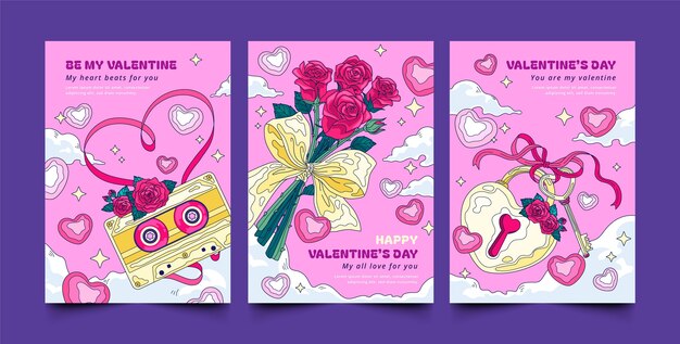 Colección de tarjetas de felicitación para el día de San Valentín dibujadas a mano