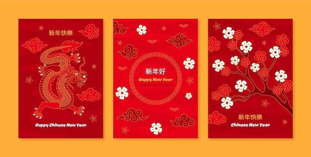 Colección de tarjetas de felicitación dibujadas a mano para la celebración del año nuevo chino