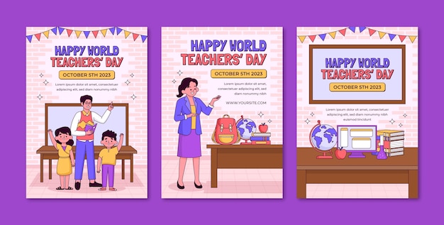 Colección de tarjetas de felicitación dibujadas a mano para la celebración del Día Mundial del Profesor