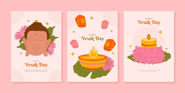 Vector gratuito colección de tarjetas de felicitación dibujadas a mano para la celebración del festival vesak