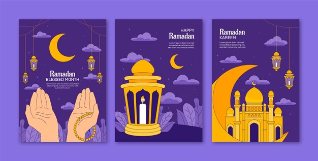 Colección de tarjetas de felicitación dibujadas a mano para la celebración islámica del Ramadán.