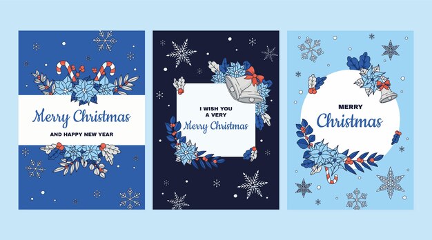Colección de tarjetas de felicitación dibujadas a mano para la celebración de la temporada navideña.