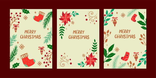 Colección de tarjetas de felicitación dibujadas a mano para la celebración de la temporada navideña.