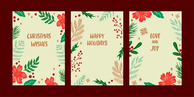 Colección de tarjetas de felicitación dibujadas a mano para la celebración de la temporada navideña.