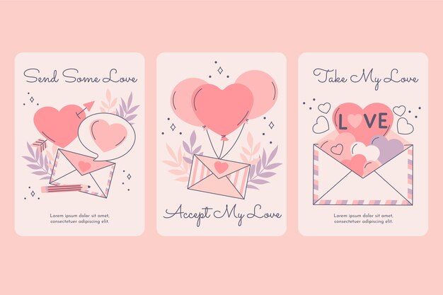 Colección de tarjetas de felicitación dibujadas a mano para el día de san valentín