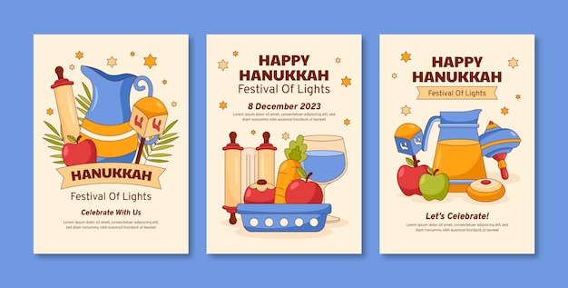 Colección de tarjetas de felicitación dibujadas a mano para la festividad judía de hanukkah