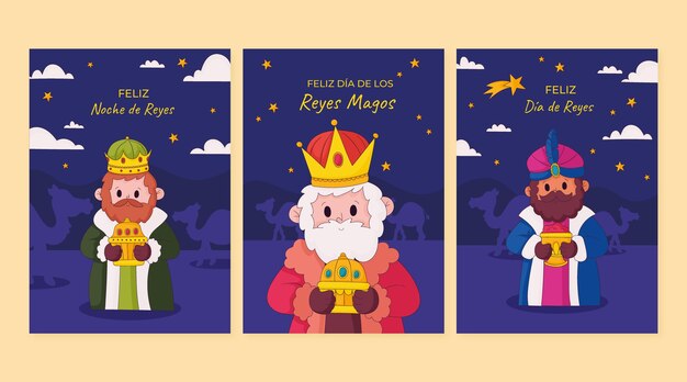 Colección de tarjetas de felicitación dibujadas a mano para reyes magos