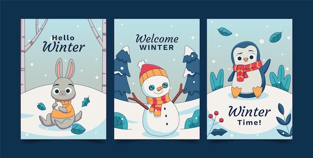 Vector gratuito colección de tarjetas de felicitación dibujadas a mano para la temporada de invierno con muñeco de nieve y pingüino.