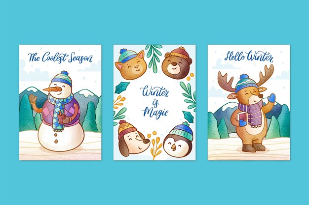 Colección de tarjetas de felicitación dibujadas a mano para la temporada de invierno.