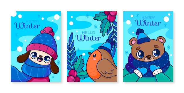 Colección de tarjetas de felicitación dibujadas a mano para la temporada de invierno.