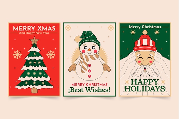 Colección de tarjetas de felicitación dibujadas a mano para la temporada navideña.