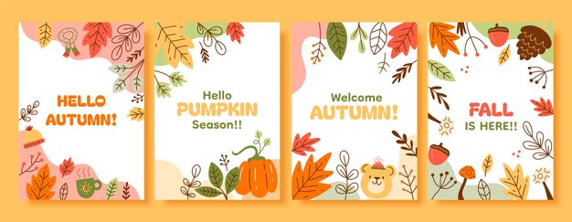 Colección de tarjetas de felicitación dibujadas a mano para la temporada de otoño