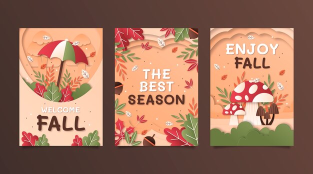 Colección de tarjetas de felicitación estilo papel para la temporada de otoño.