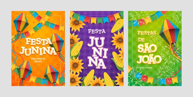 Colección de tarjetas de felicitación de festas juninas realistas