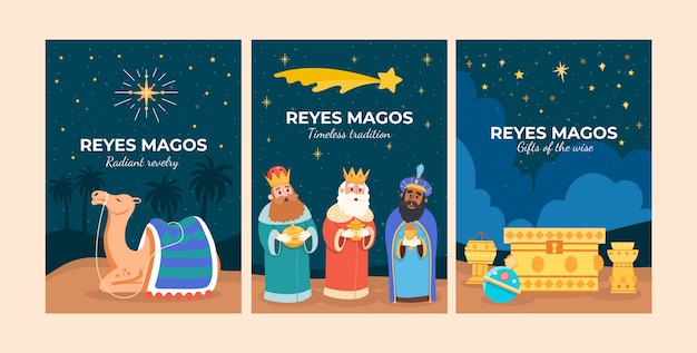 Colección de tarjetas de felicitación de flat reyes magos