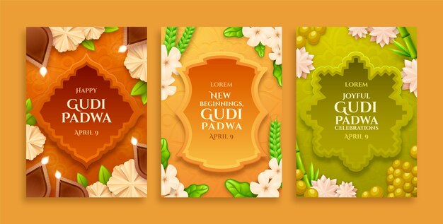 Colección de tarjetas de felicitación gradientes para la celebración del año lunar de ugadi