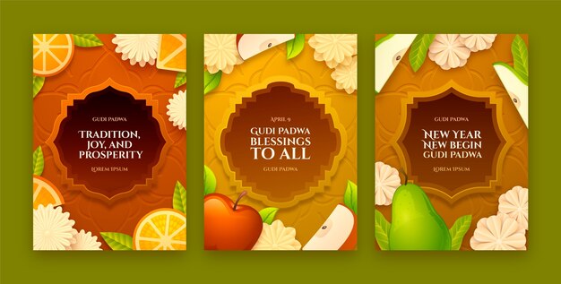 Colección de tarjetas de felicitación gradientes para la celebración del año lunar de ugadi