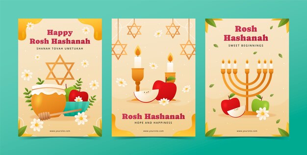 Colección de tarjetas de felicitación gradientes para la celebración del año nuevo judío Rosh Hashanah
