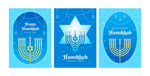 Vector gratuito colección de tarjetas de felicitación de hanukkah con gradientes