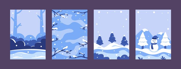Colección de tarjetas de felicitación de invierno planas