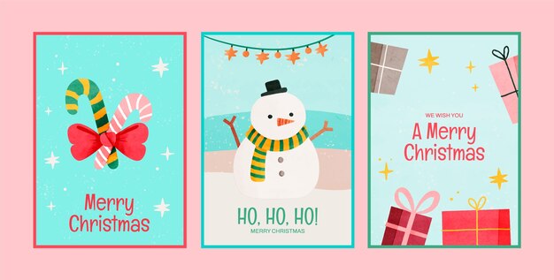 Colección de tarjetas de felicitación navideñas en acuarela con muñeco de nieve y regalos