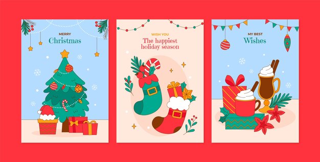 Colección de tarjetas de felicitación navideñas dibujadas a mano