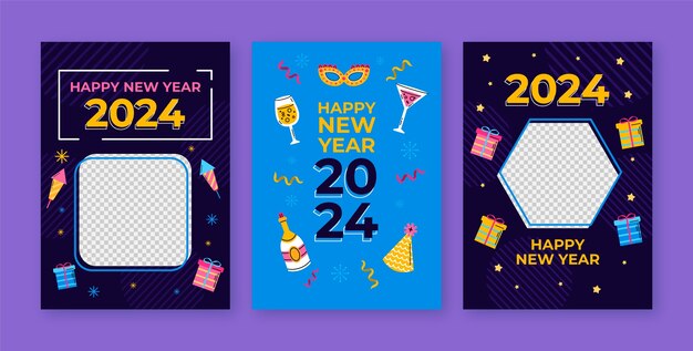 Colección de tarjetas de felicitación planas para la celebración del año nuevo 2024.
