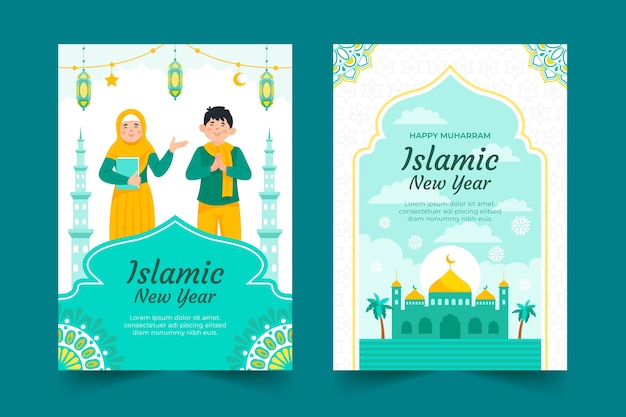 Colección de tarjetas de felicitación planas para la celebración del año nuevo islámico