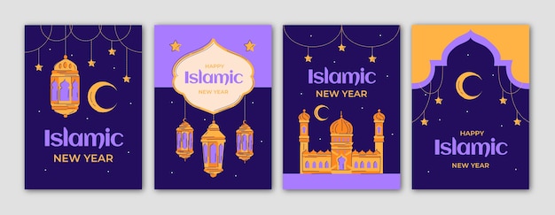 Colección de tarjetas de felicitación planas para la celebración del año nuevo islámico