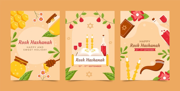 Vector gratuito colección de tarjetas de felicitación planas para la celebración del año nuevo judío de rosh hashaná