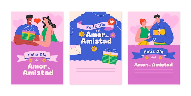 Vector gratuito colección de tarjetas de felicitación planas para la celebración del dia del amor y la amistad