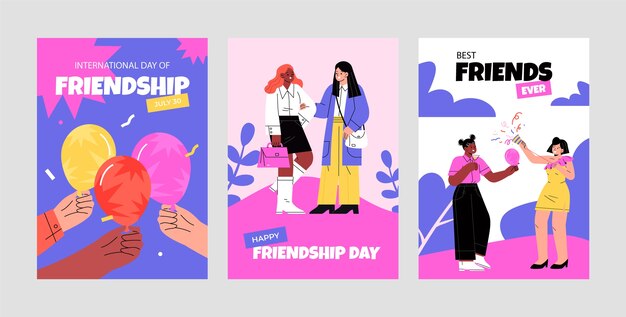 Colección de tarjetas de felicitación planas para la celebración del día internacional de la amistad