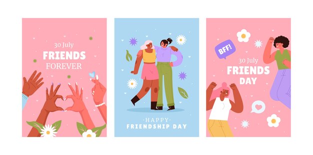 Colección de tarjetas de felicitación planas para la celebración del día internacional de la amistad