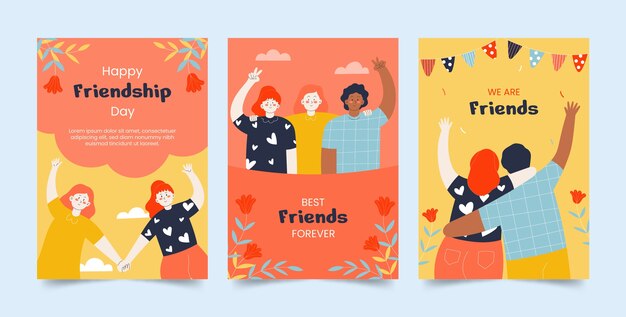 Colección de tarjetas de felicitación planas para la celebración del día internacional de la amistad