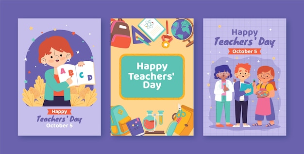 Vector gratuito colección de tarjetas de felicitación planas para la celebración del día mundial del maestro