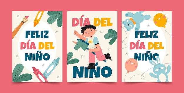 Vector gratuito colección de tarjetas de felicitación planas para la celebración del día de los niños en español