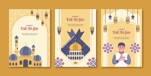 Colección de tarjetas de felicitación planas para la celebración de eid al-fitr