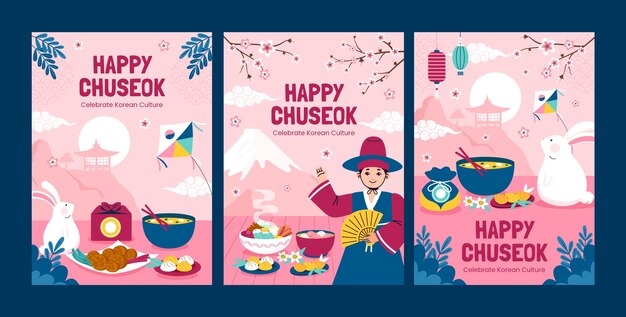 Vector gratuito colección de tarjetas de felicitación planas para la celebración del festival coreano chuseok