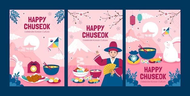 Colección de tarjetas de felicitación planas para la celebración del festival coreano chuseok