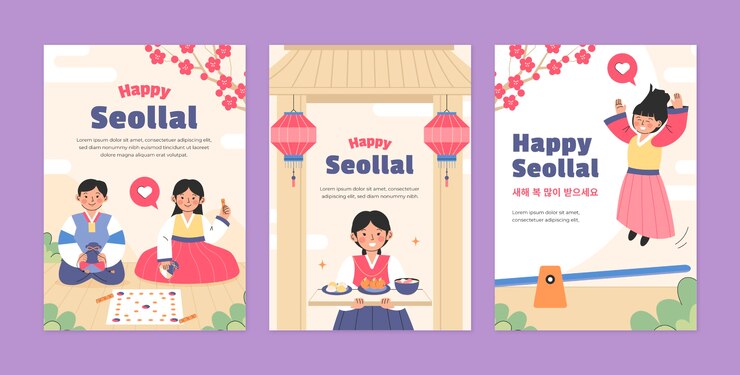 Vector gratuito colección de tarjetas de felicitación planas para la celebración del festival coreano de seollal