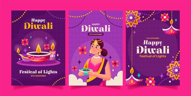 Vector gratuito colección de tarjetas de felicitación planas para la celebración del festival de diwali.