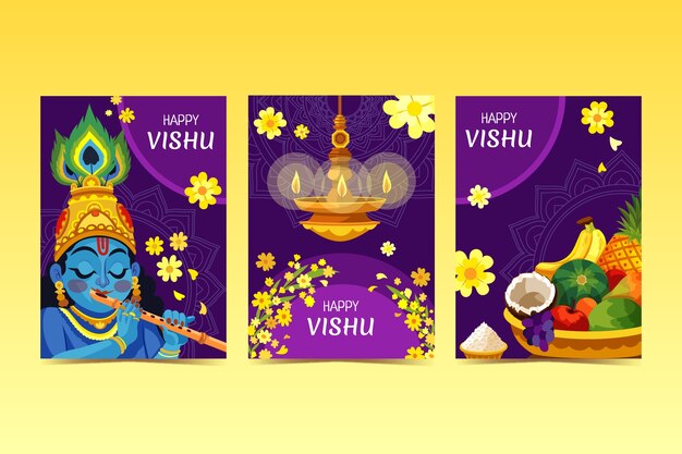 Colección de tarjetas de felicitación planas para la celebración del festival hindú vishu