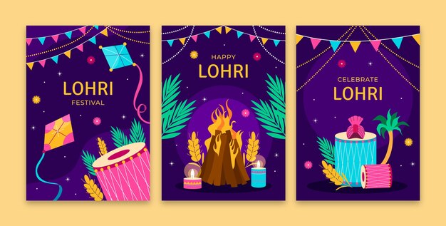 Colección de tarjetas de felicitación planas para la celebración del festival lohri