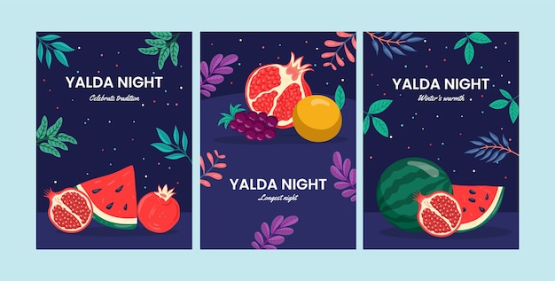 Colección de tarjetas de felicitación planas para la celebración del festival nocturno de yalda con frutas y hojas