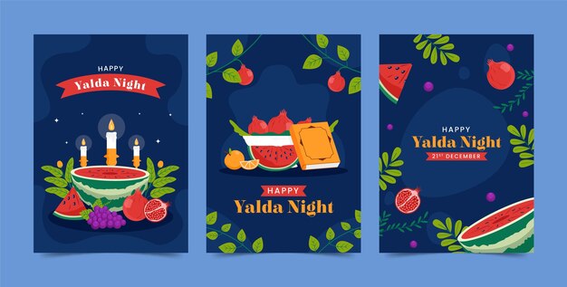 Colección de tarjetas de felicitación planas para la celebración del festival nocturno de yalda con frutas y velas