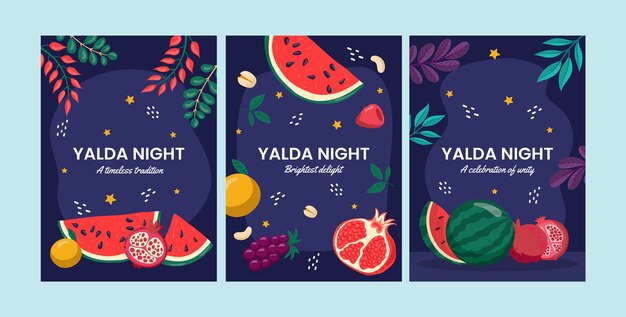 Colección de tarjetas de felicitación planas para la celebración del festival nocturno de yalda con sandía y granada