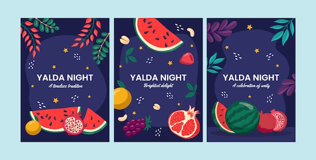 Colección de tarjetas de felicitación planas para la celebración del festival nocturno de yalda con sandía y granada
