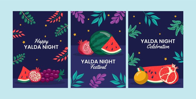 Colección de tarjetas de felicitación planas para la celebración del festival nocturno de yalda con sandía y hojas